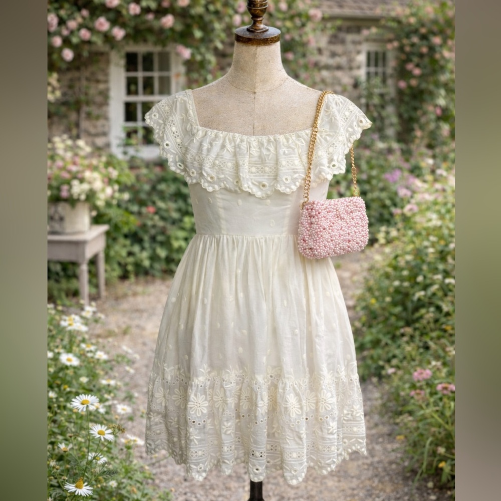 LoveShackFancy Cream Lace, Cottage Core, Ruffle Mini Dress